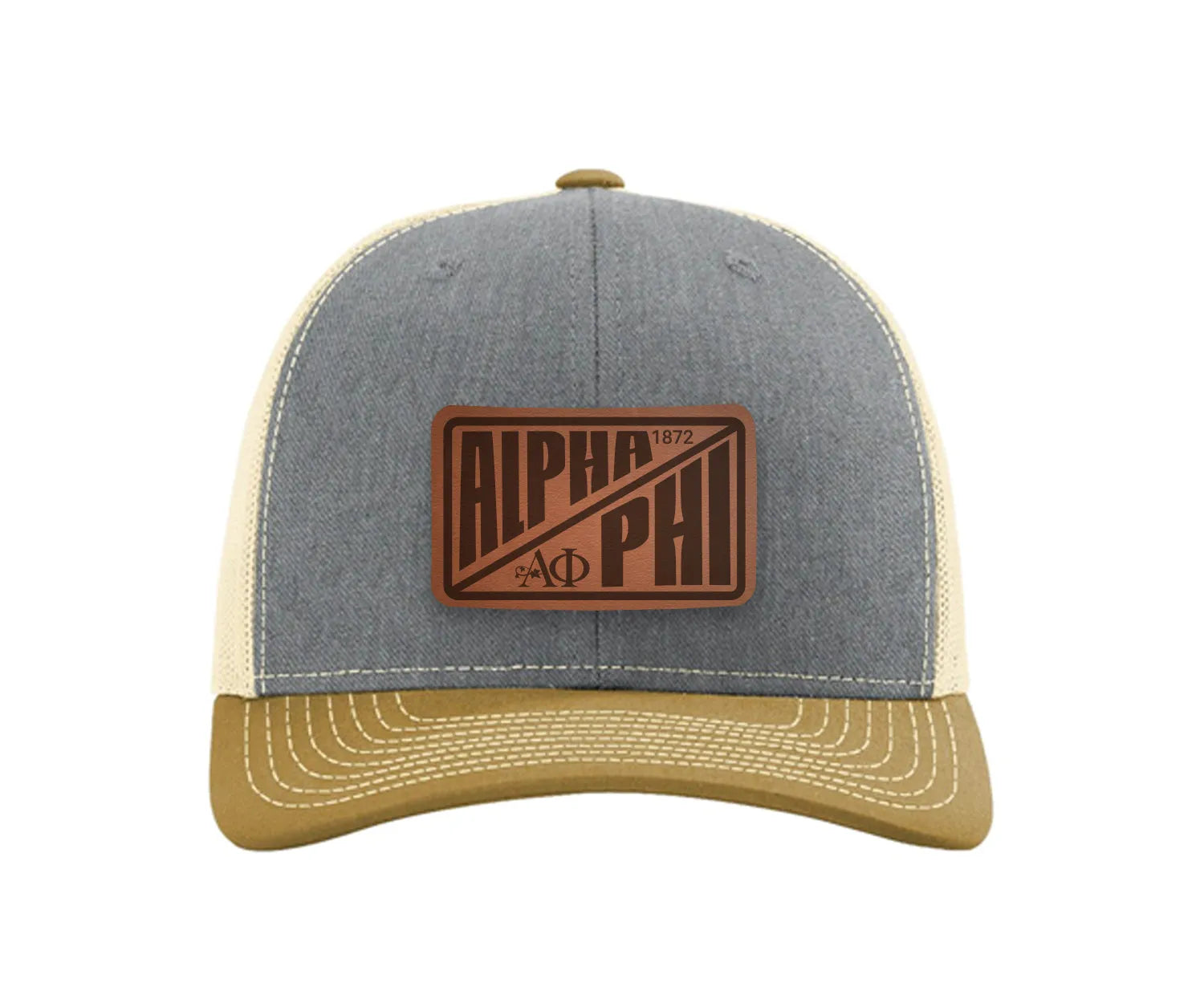 Alpha Phi Richardson 112 Leatherette Patch Trucker Hat - Divide Heather Gray Birch Amber Gold Trucker Hat