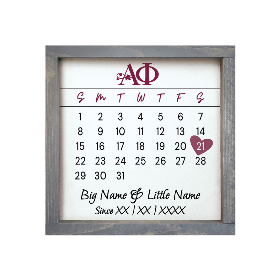 Alpha Phi Personalized Big Little Calendar Framed Sign - 12x12