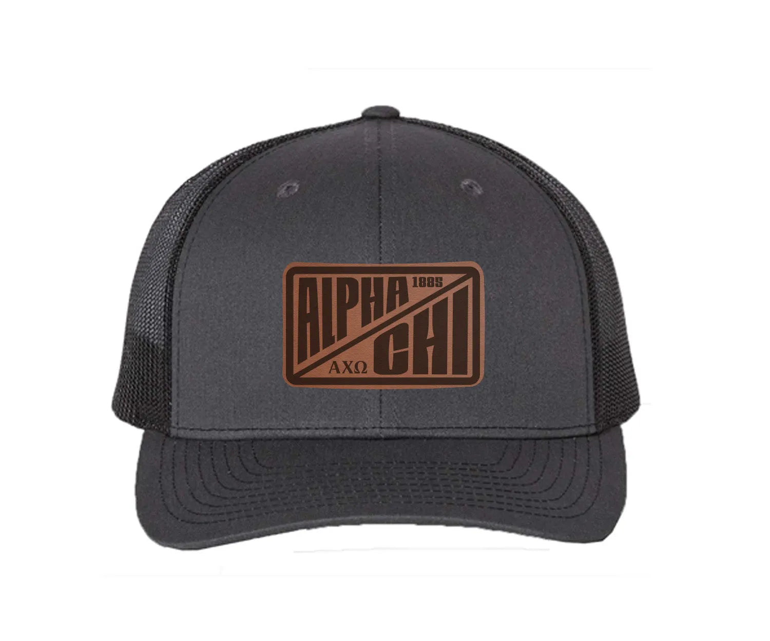 Alpha Chi Omega Richardson 112 Leatherette Patch Trucker Hat - Divide Charcoal Black Trucker Hat