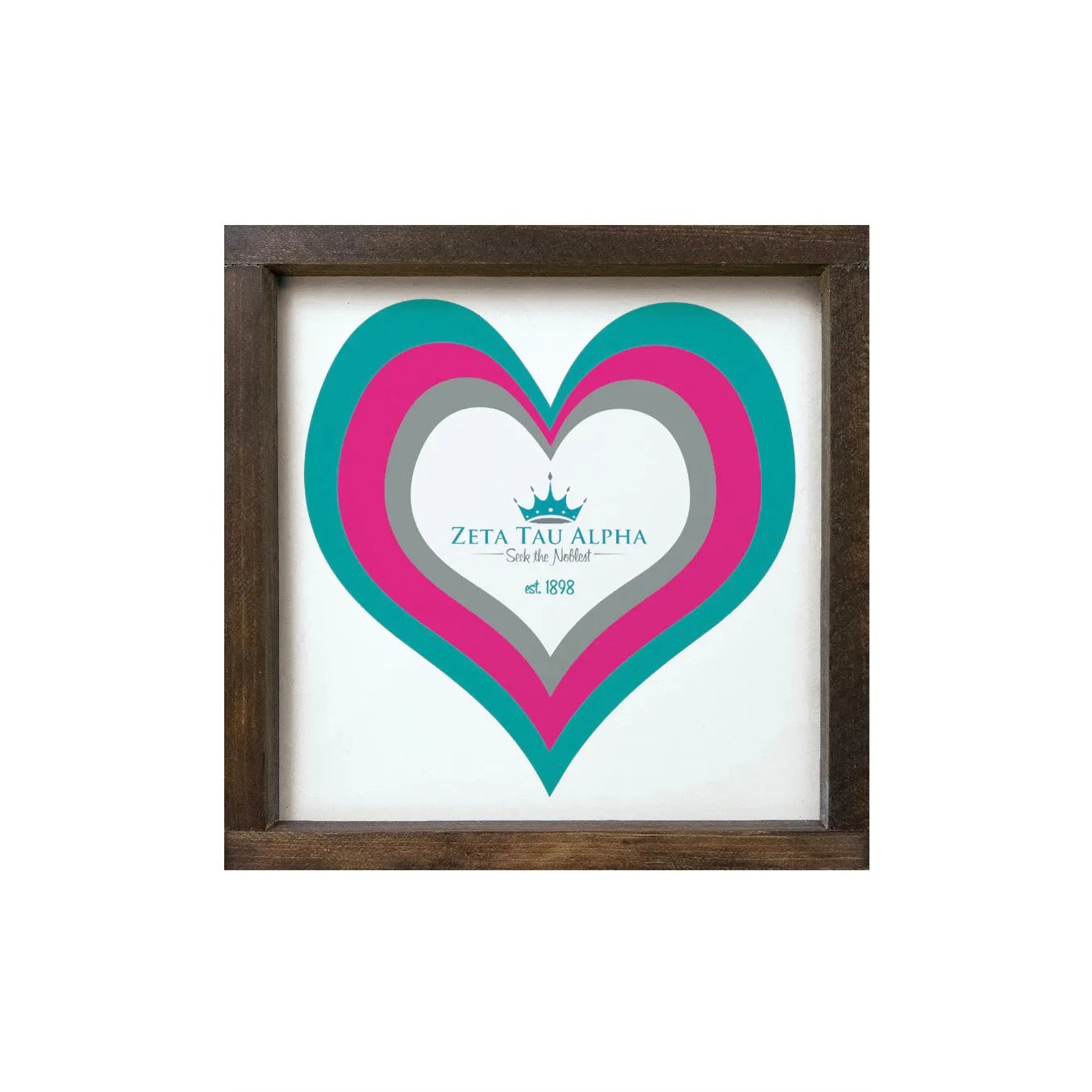Zeta Tau Alpha 12x12 Wood Framed Sign - Heart Walnut Stain Wall Art & Signs