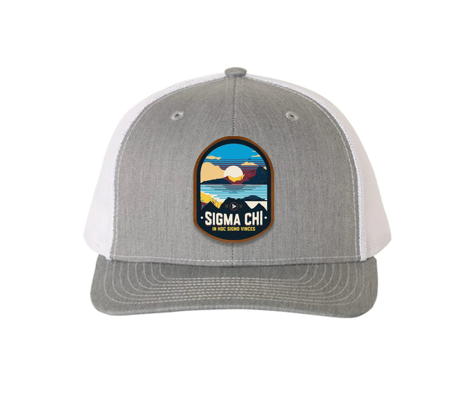 Sigma Chi Richardson 112 UV Print Leatherette Patch Trucker Hat - Ventura Heather Gray White Trucker Hat