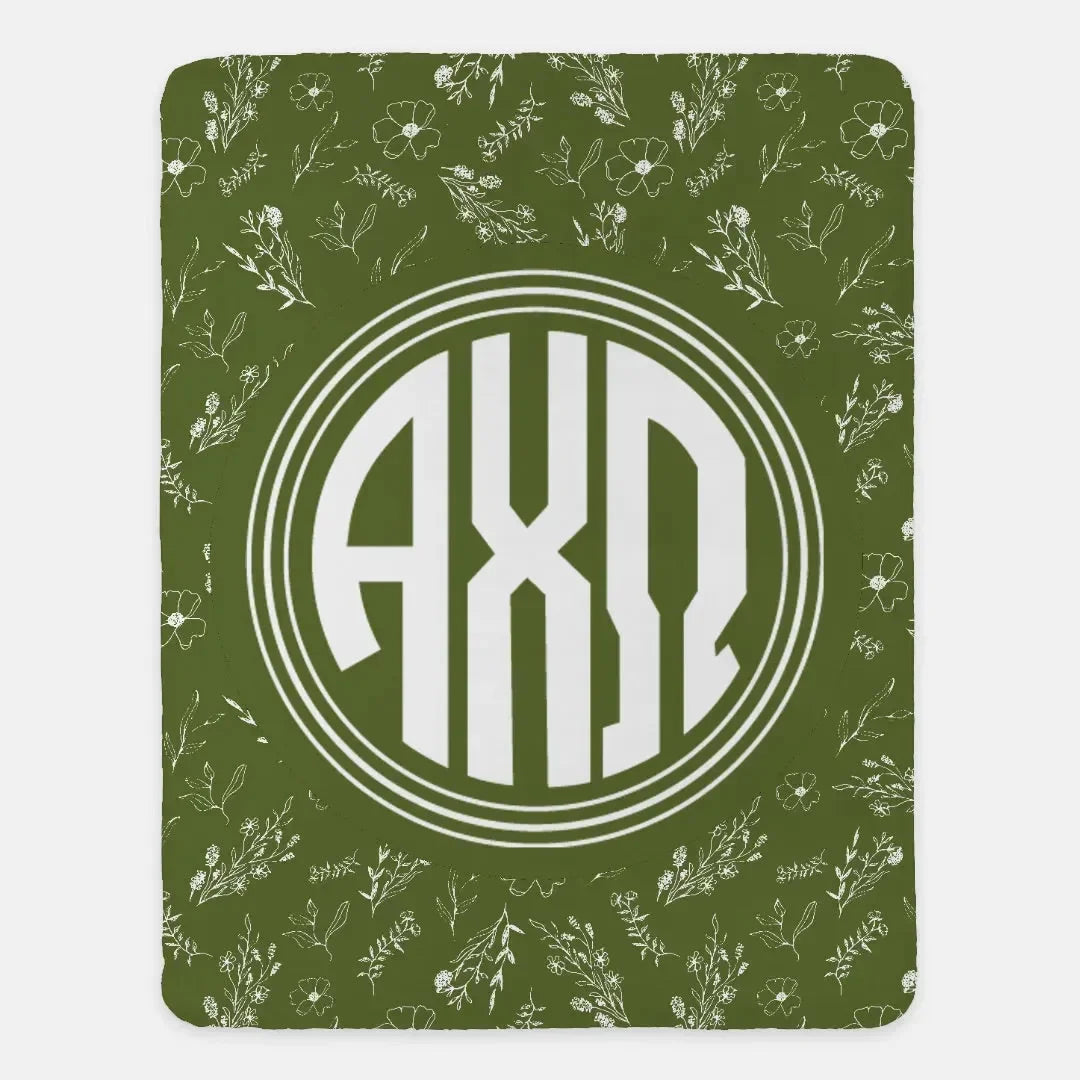 Alpha Chi Omega XL 60x80 Sherpa Throw Blanket - Vintage Floral Olive Throw Blankets