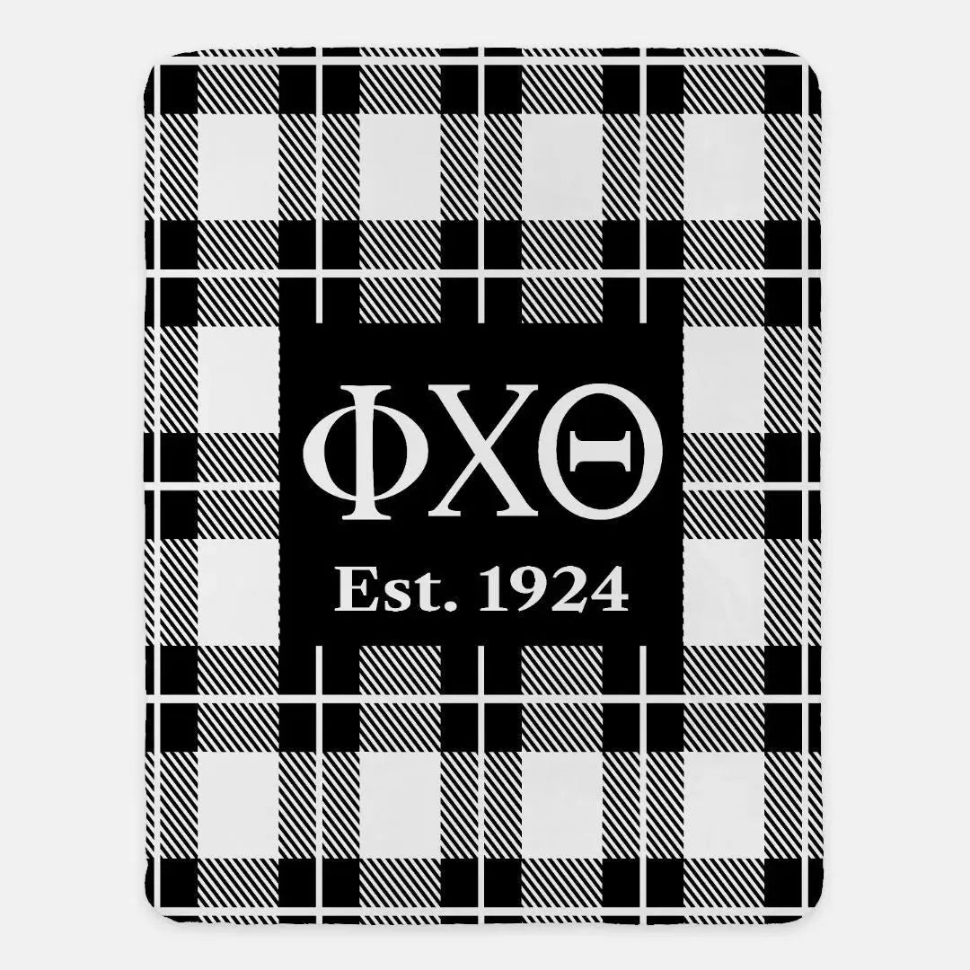 Phi Chi Theta XL 60x80 Sherpa Blanket - Black Plaid Throw Blankets