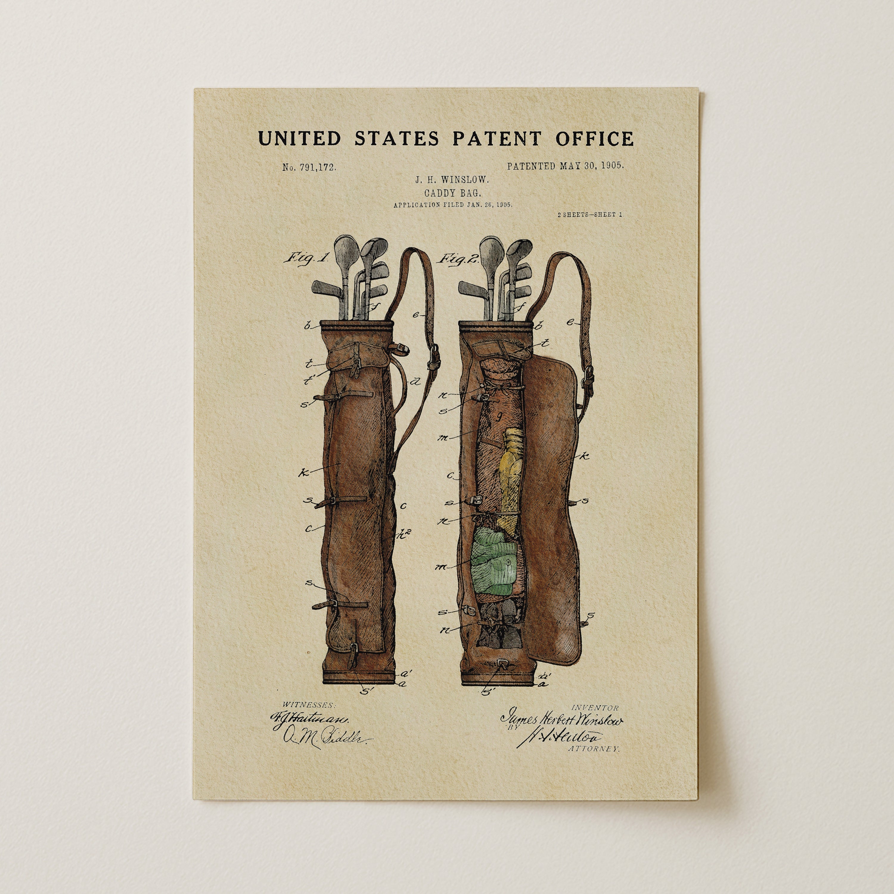 Vintage Golf Bag US Patent Art Print | Sports-Themed Dorm Decor | Wall Art | Campus Greek Fit