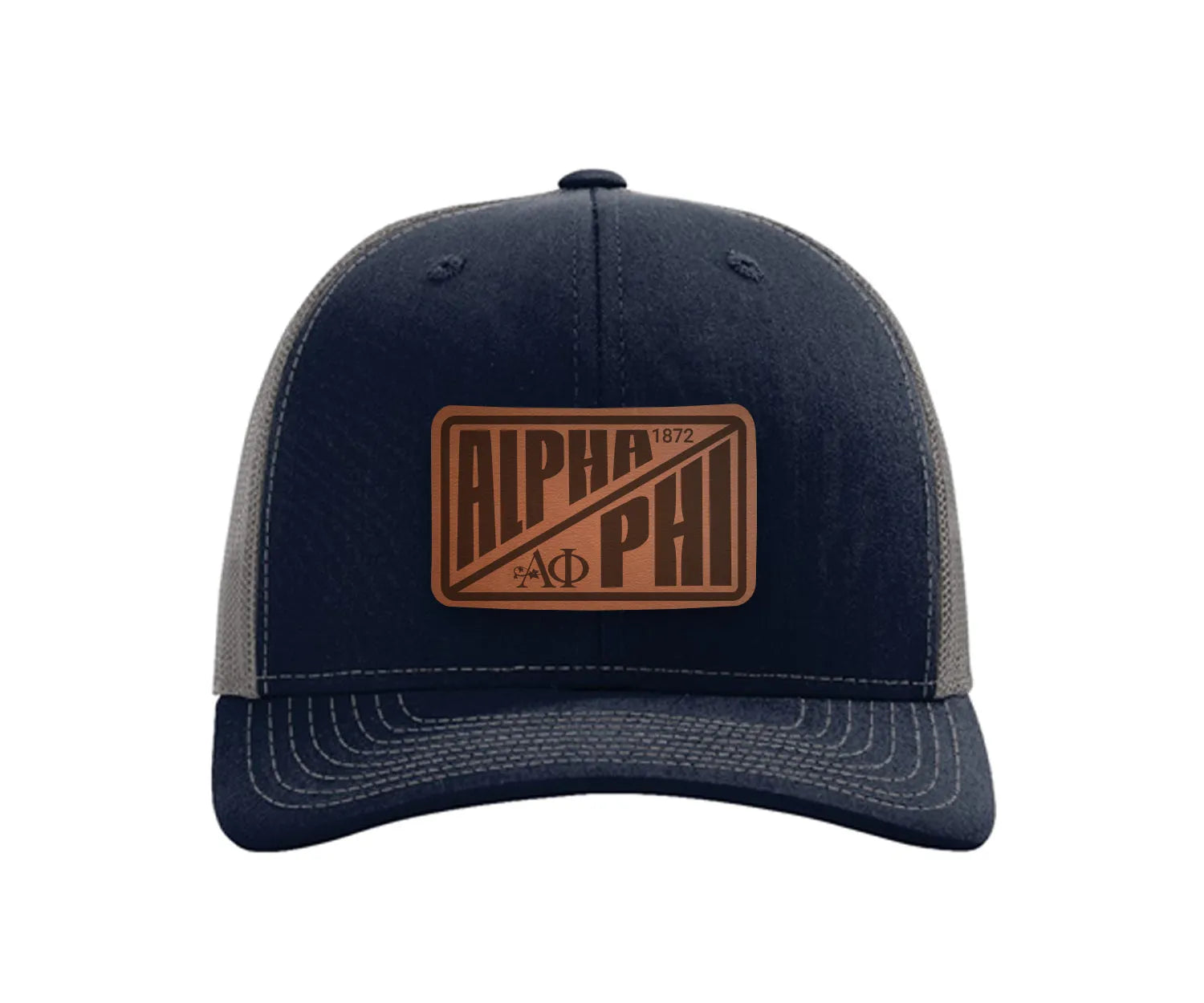 Alpha Phi Richardson 112 Leatherette Patch Trucker Hat - Divide Navy Charcoal Trucker Hat
