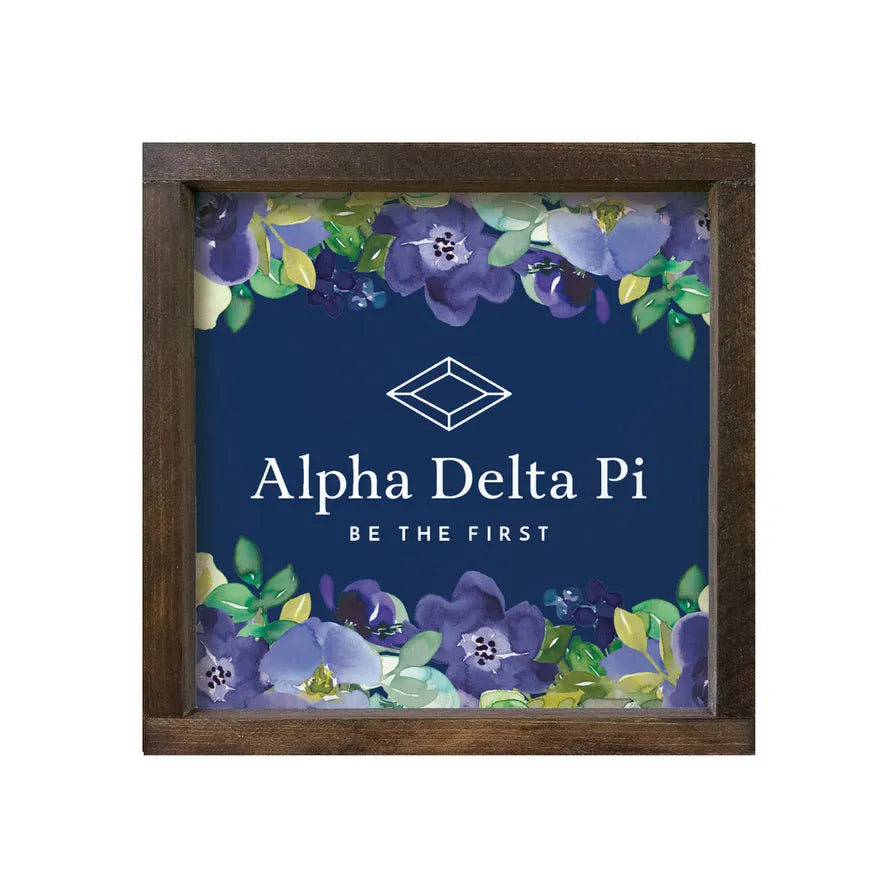 Alpha Delta Pi 12x12 Wood Framed Sign - Violet Floral Frame Walnut Stain Wall Art & Signs