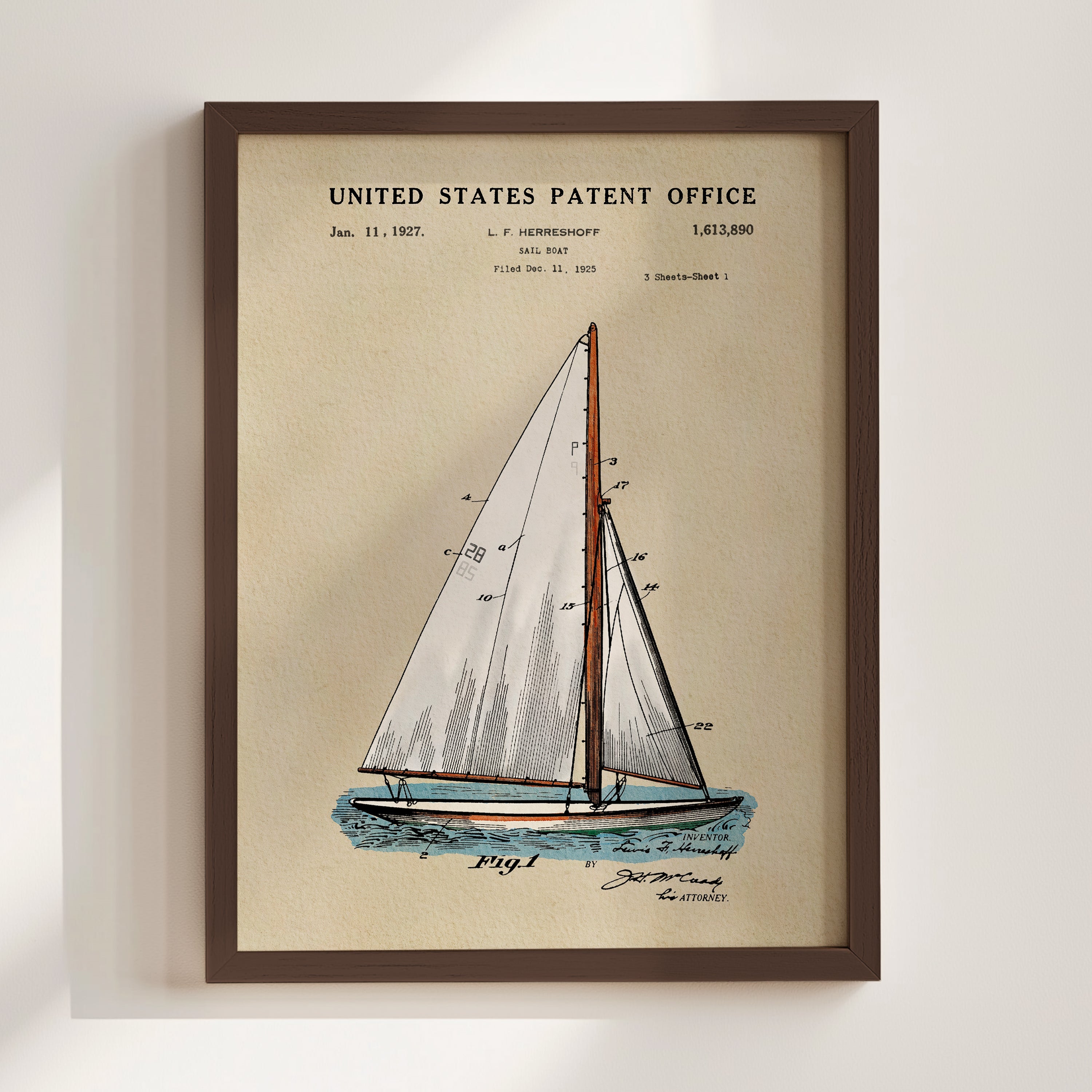 Herreshoff Sailboat US Patent Art Print | Nautical Coastal Dorm Decor