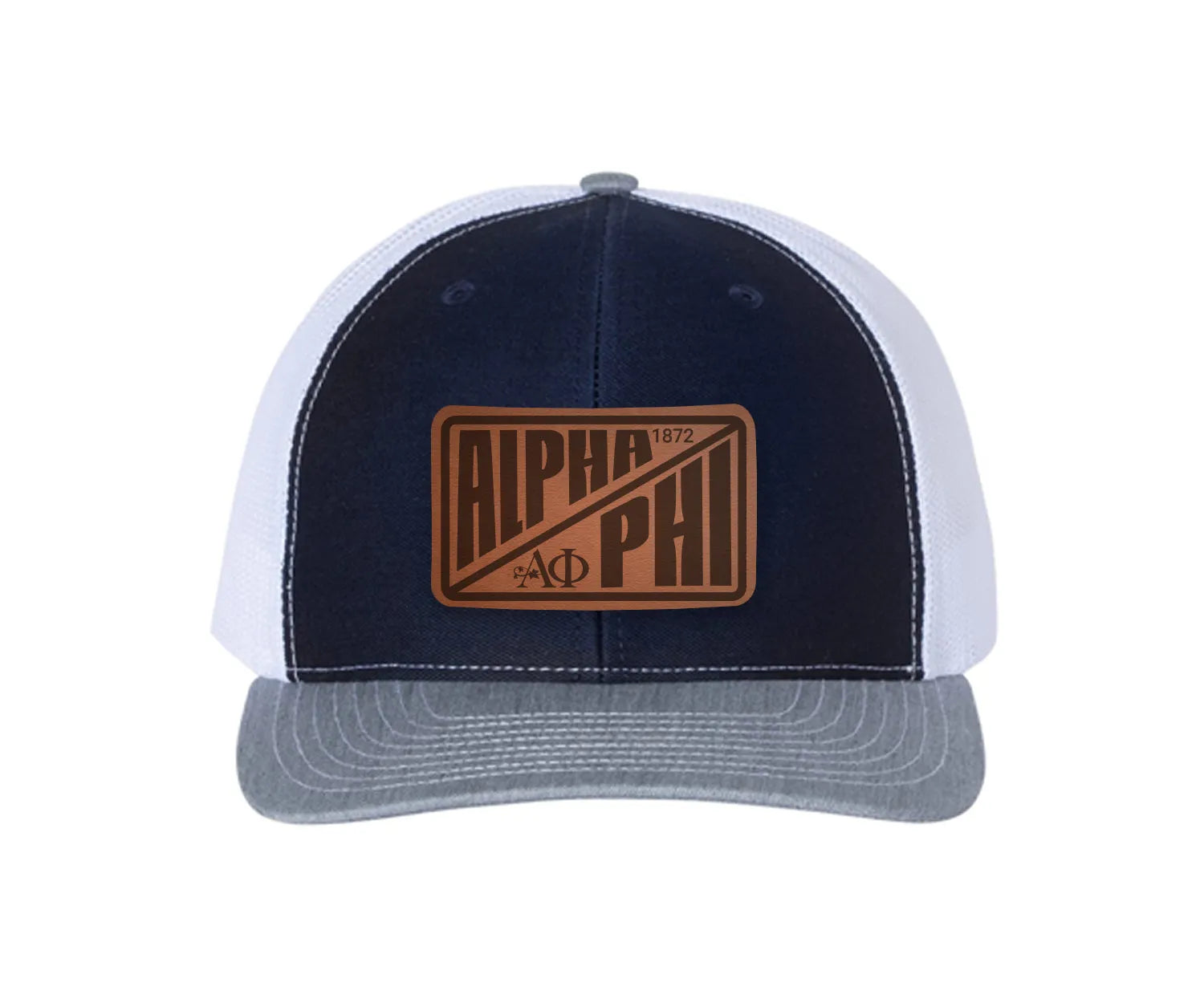 Alpha Phi Richardson 112 Leatherette Patch Trucker Hat - Divide Navy White Heather Gray Trucker Hat
