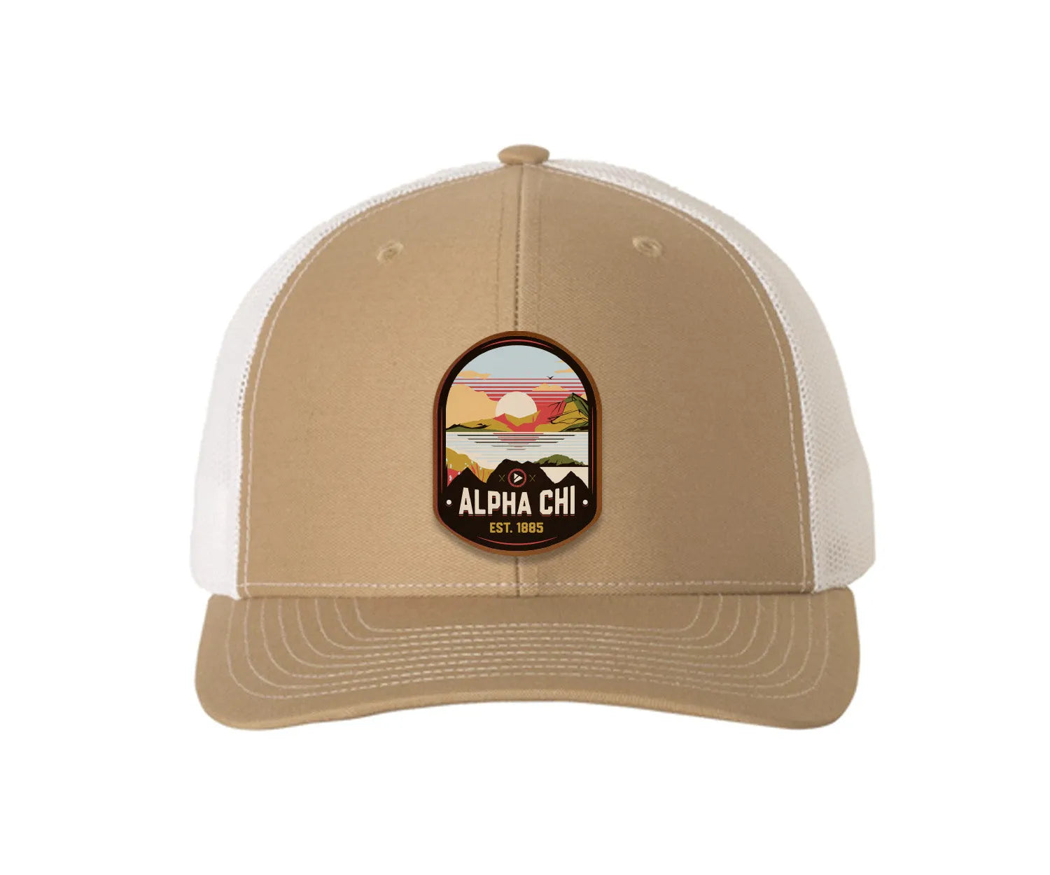 Alpha Chi Omega Richardson 112 UV Print Leatherette Patch Trucker Hat - Ventura Khaki White Trucker Hat