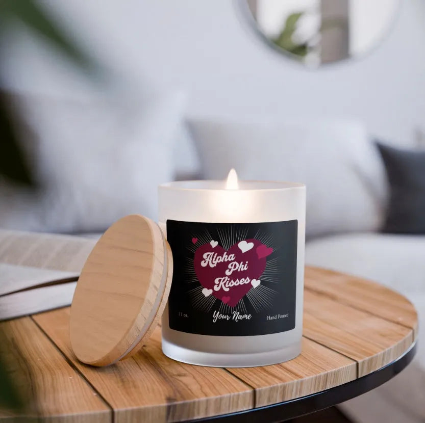 Personalized Alpha Phi Kisses Frosted Glass Candle (Hand Poured 11 oz) Candles