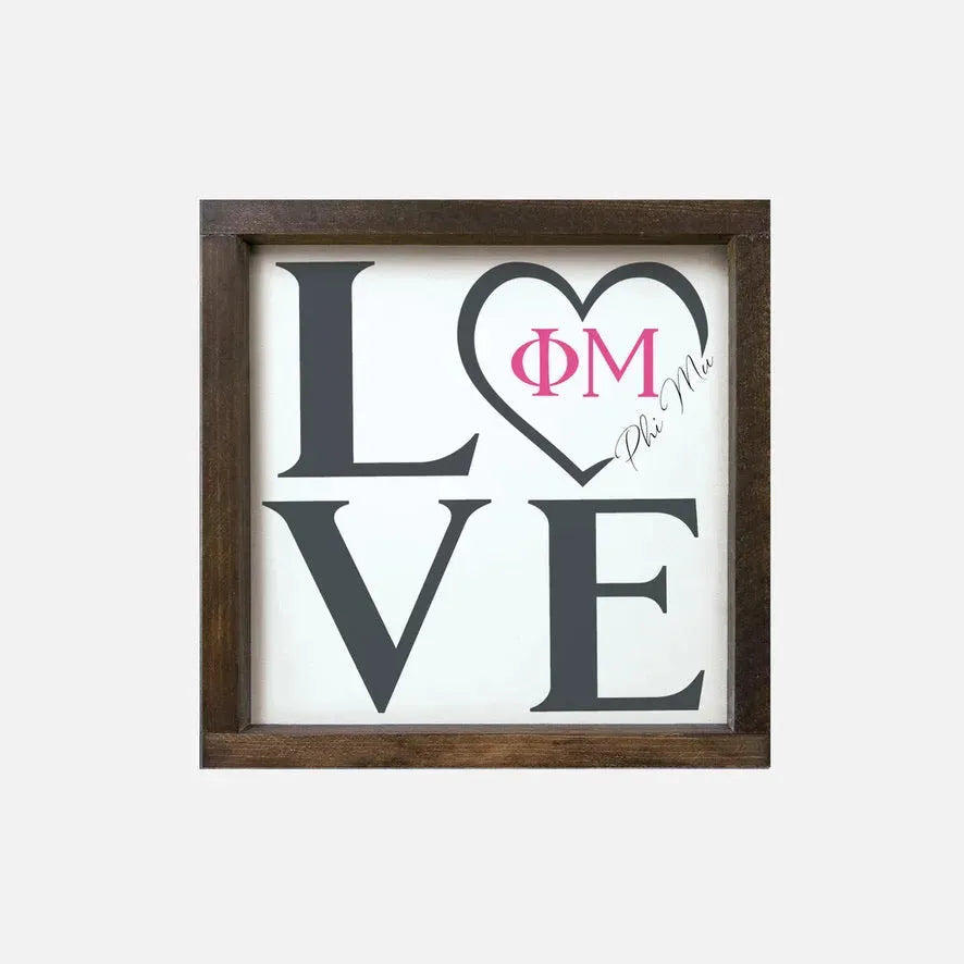 Phi Mu 12x12 "LOVE" Framed Sign Walnut Stain Wall Art & Signs