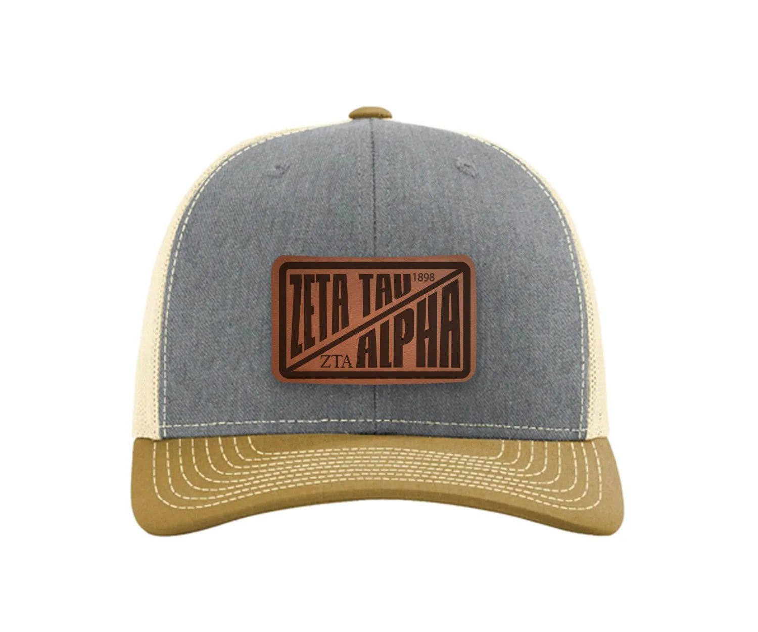 Zeta Tau Alpha Richardson 112 Leatherette Patch Trucker Hat - Divide Heather Gray Birch Amber Gold Trucker Hat