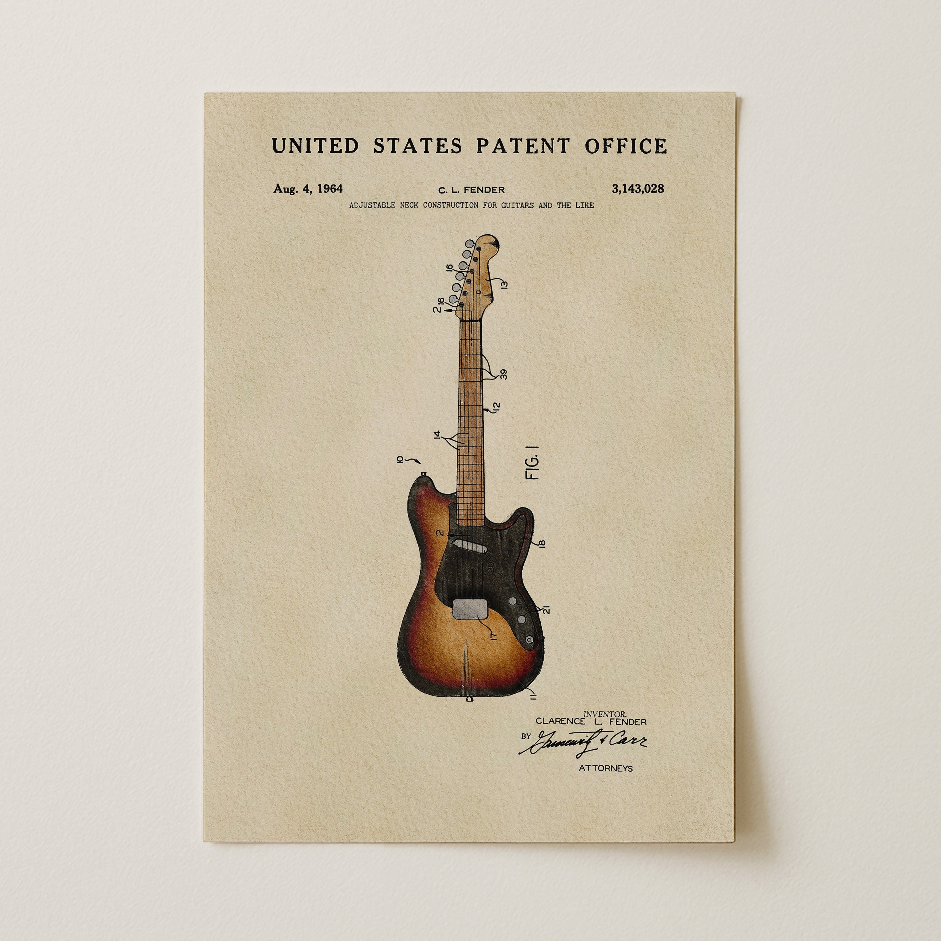 Fender Stratocaster Patent Art Print | Dorm Decor for Music Lovers