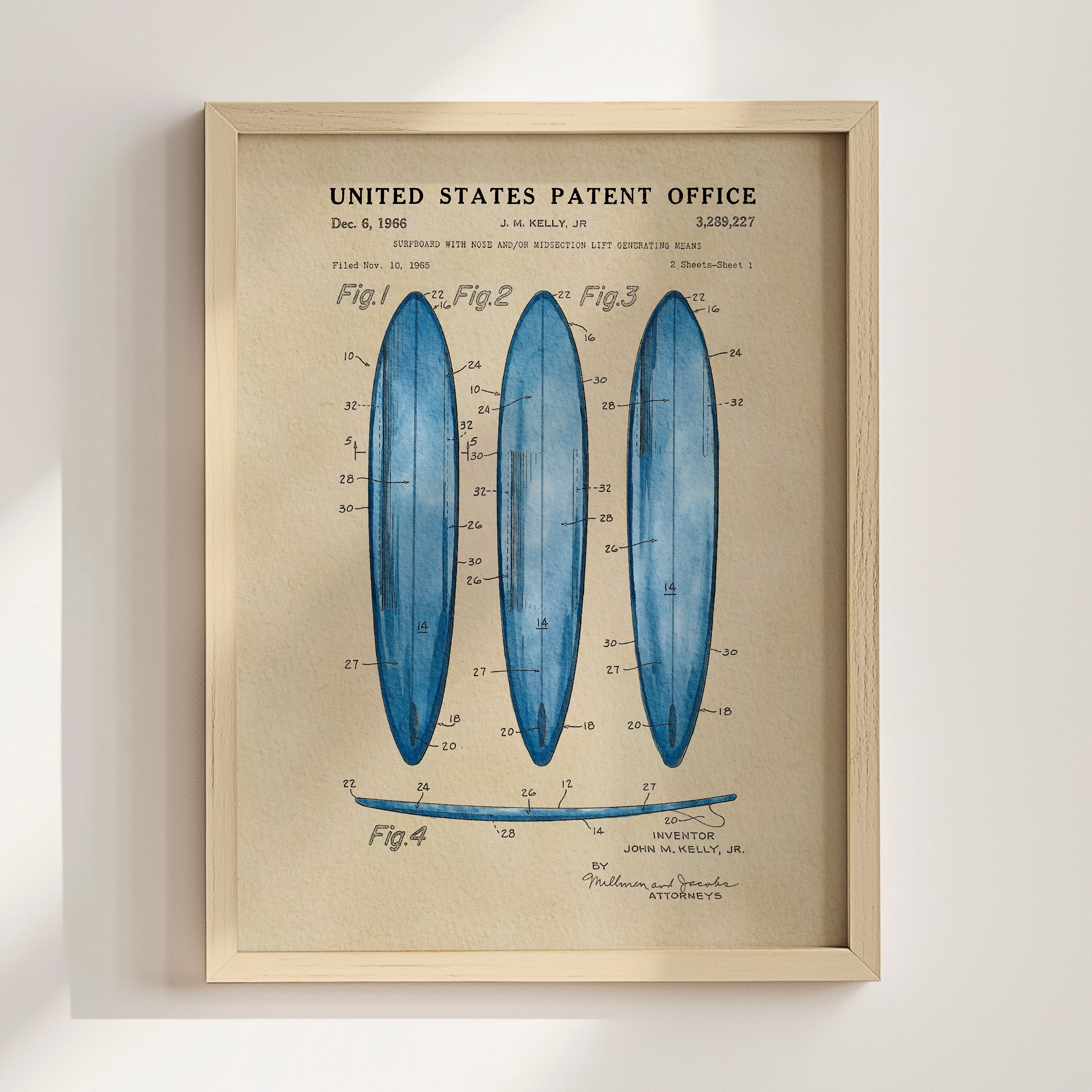 Surfboard US Patent Art Print - Blue | Coastal-Themed Dorm Decor | Campus Greek Fit