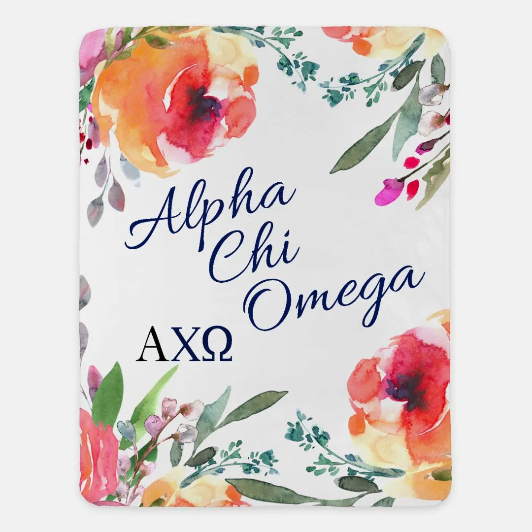 Alpha Chi Omega Sherpa Blanket - Cheerful Flowers - 60"x80" | Gifts and Merchandise | Festive Fit Home