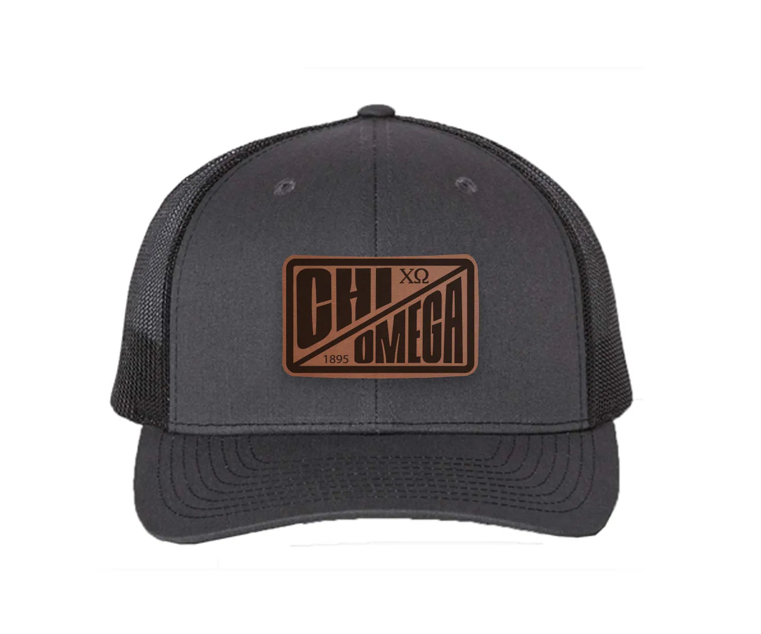 Chi Omega Richardson 112 Leatherette Patch Trucker Hat - Divide Charcoal Black Trucker Hat