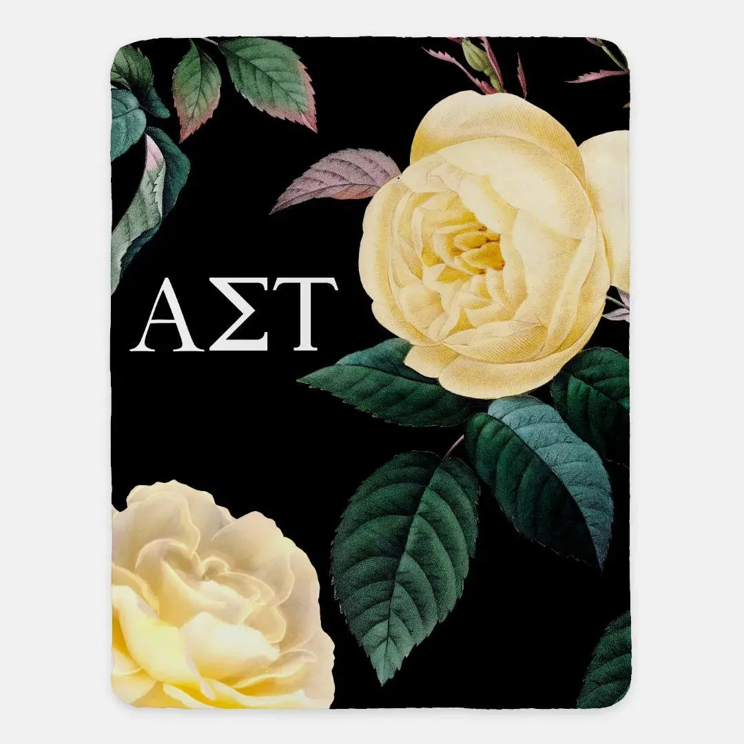 Alpha Sigma Tau XL 60x80 Sherpa Throw Blanket - Yellow Roses Throw Blankets