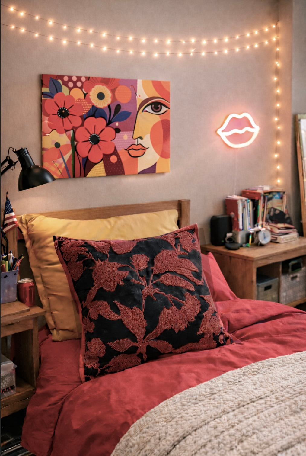 Red and Black Floral Embroidered Pillow Cover | Colorful Dorm Decor