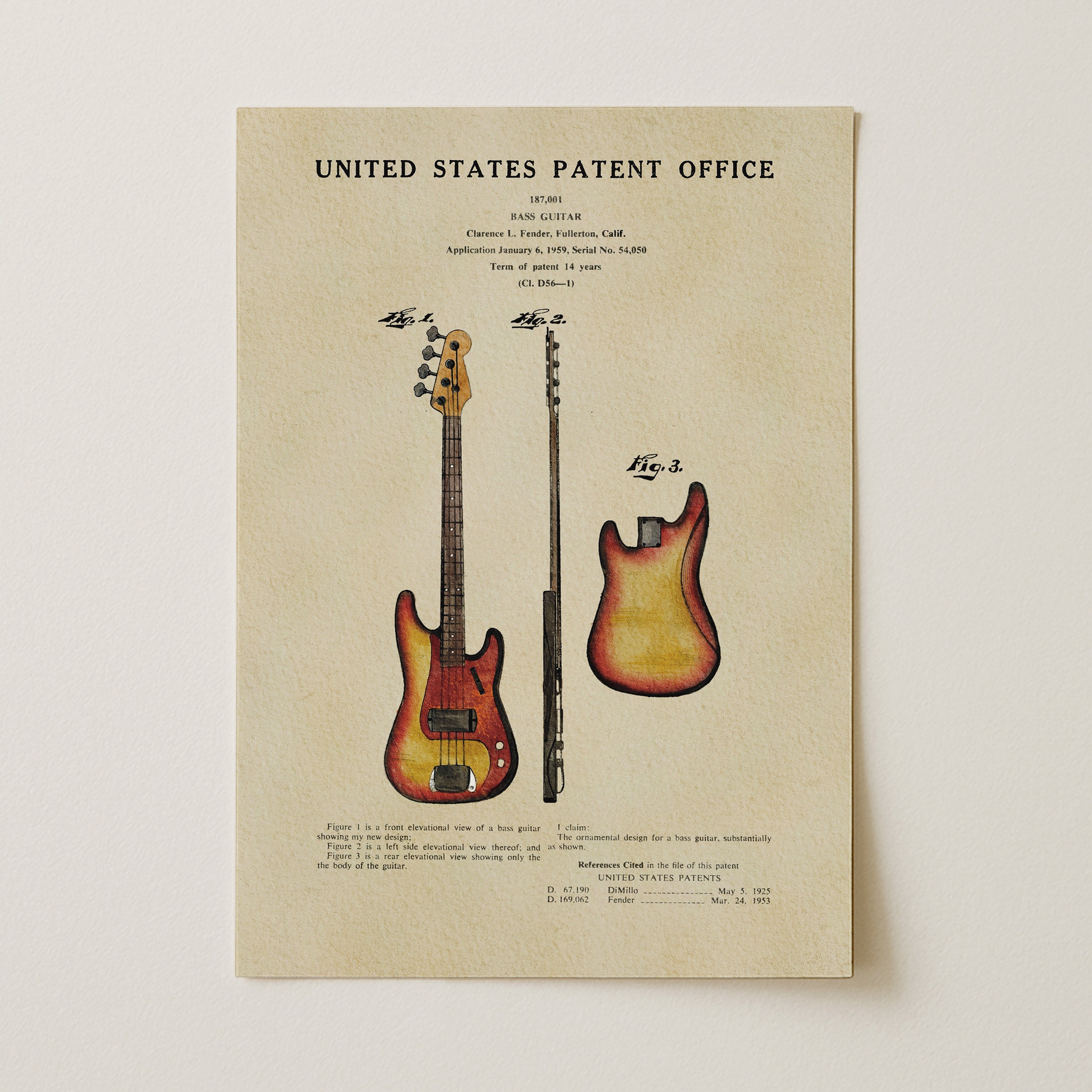Fender Bass Guitar US Patent Art Print | Music-Themed Dorm Decor