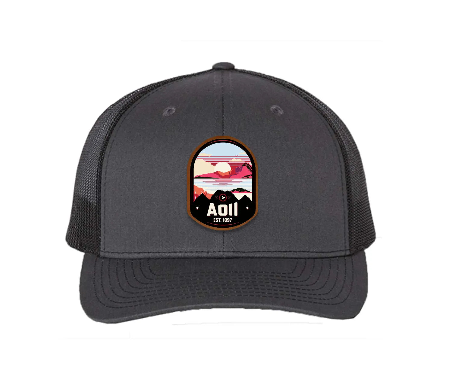 Alpha Omicron Pi Richardson 112 UV Print Leatherette Patch Trucker Hat - Ventura Charcoal Black Trucker Hat