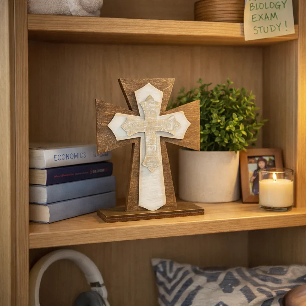 Cross Shelf Sitter | Faith & Spiritual Dorm Decor | Custom Gifts