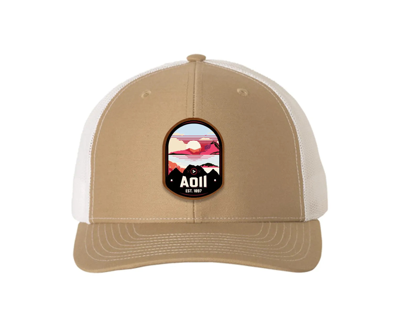 Alpha Omicron Pi Richardson 112 UV Print Leatherette Patch Trucker Hat - Ventura Khaki White Trucker Hat
