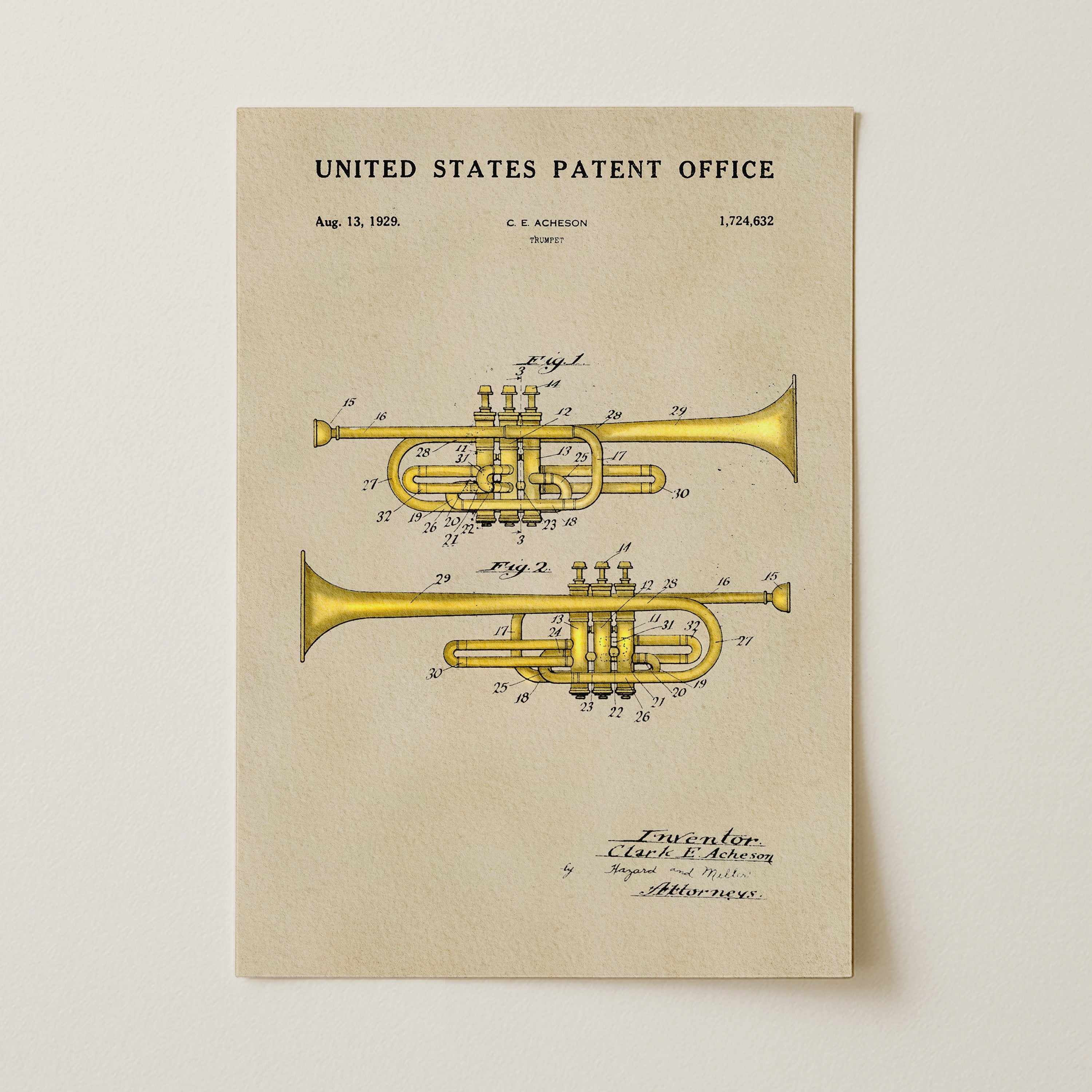 Trumpet US Patent Art Print | Dorm Decor | Music Themed Wall Art