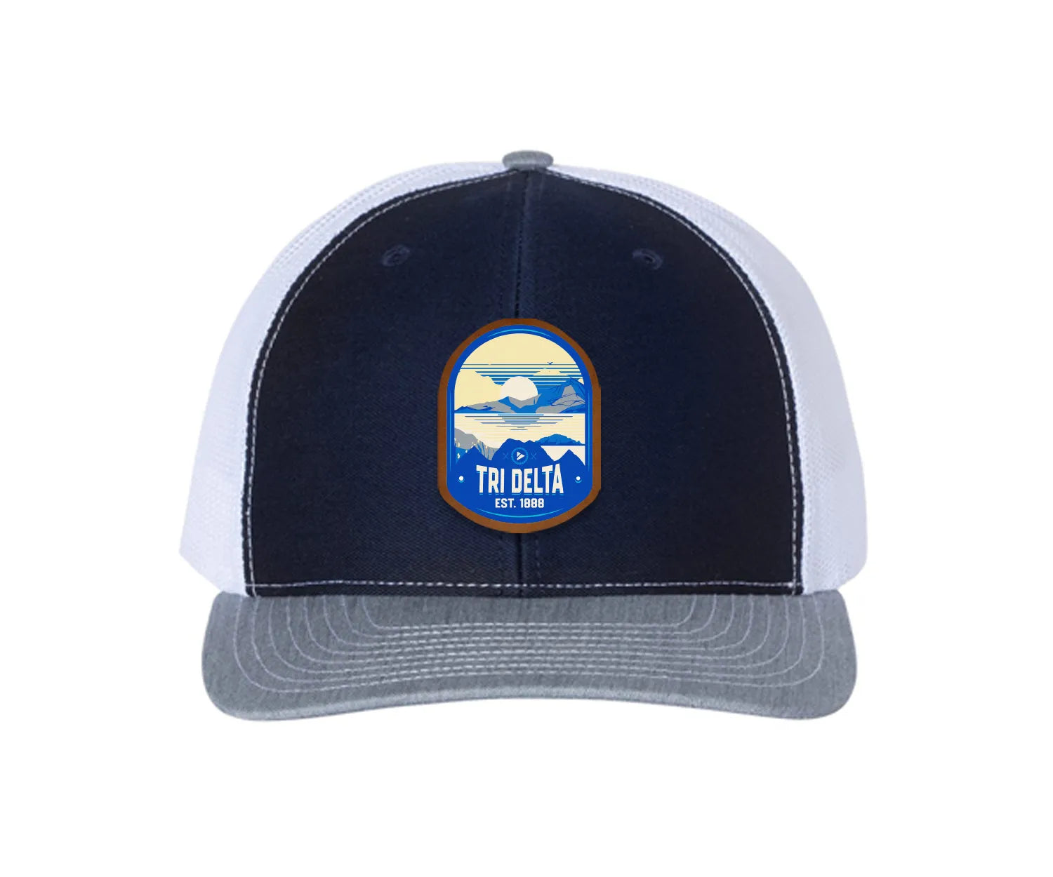 Tri Delta Richardson 112 UV Print Leatherette Patch Trucker Hat - Ventura Navy White Heather Gray Trucker Hat
