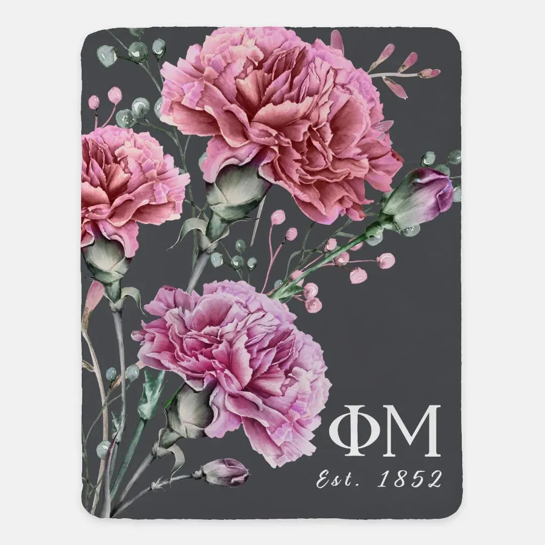 Phi Mu XL 60x80 Sherpa Blanket - Pink Carnations Throw Blankets