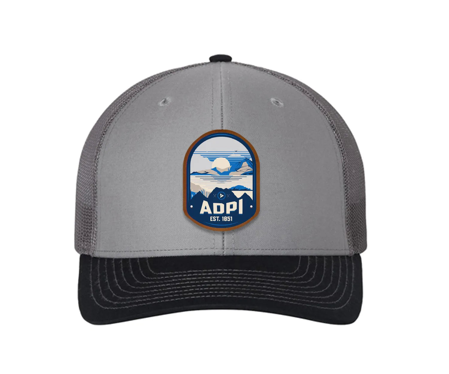 Alpha Delta Pi Richardson 112 UV Print Leatherette Patch Trucker Hat - Ventura Gray Charcoal Navy Trucker Hat