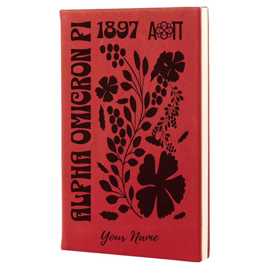 Alpha Omicron Pi Personalized Leatherette Notebook - Retro Floral