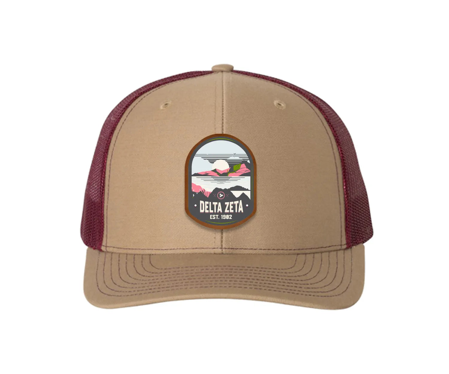 Delta Zeta Richardson 112 UV Print Leatherette Patch Trucker Hat - Ventura Khaki Burgundy Trucker Hat