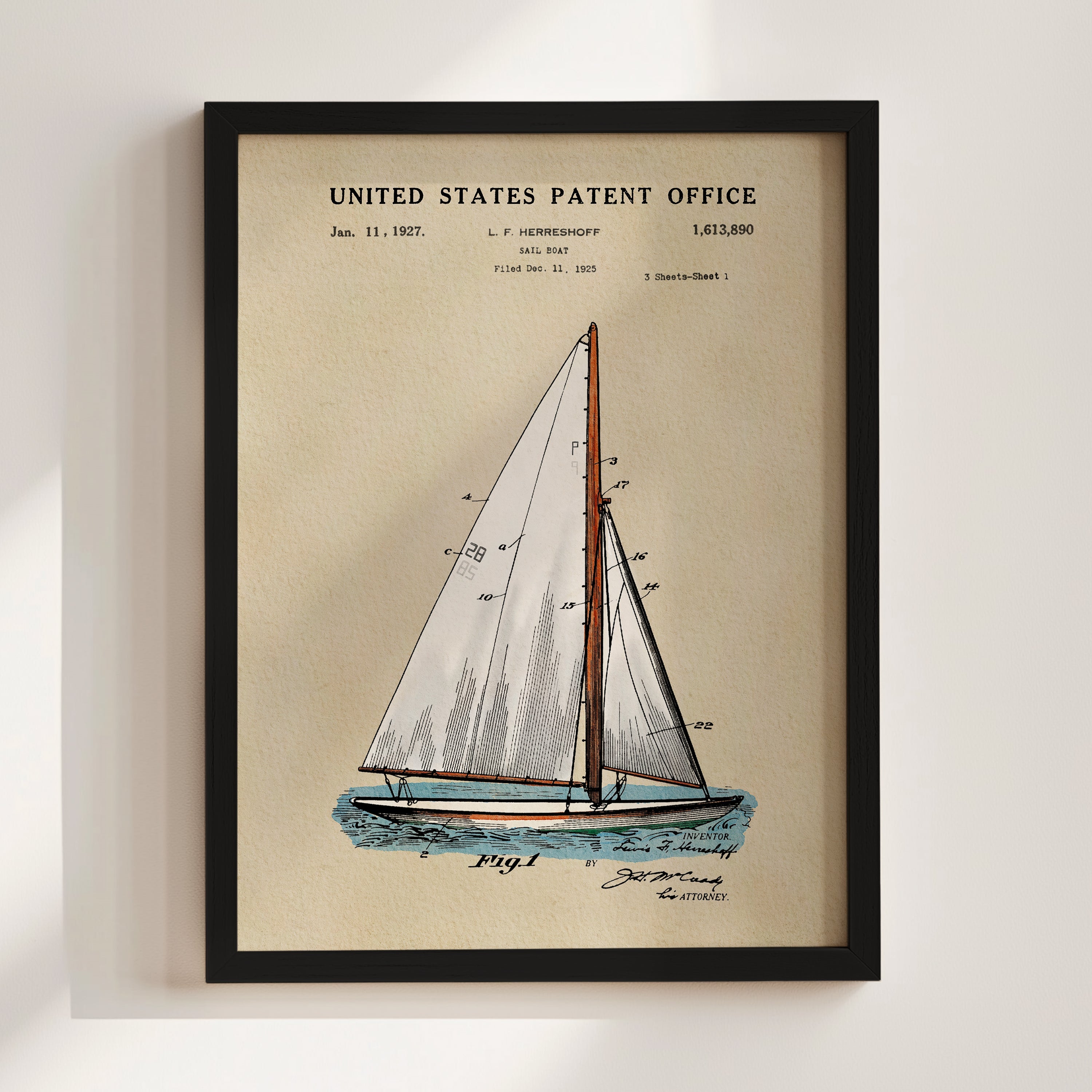 Herreshoff Sailboat US Patent Art Print | Nautical Coastal Dorm Decor
