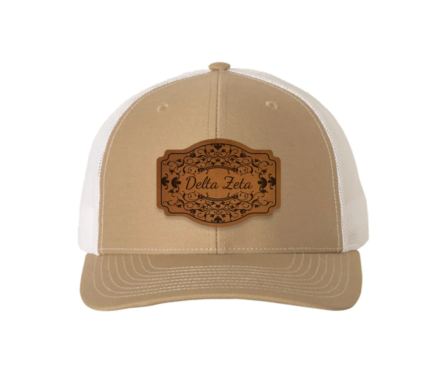 Delta Zeta Richardson 112 Leatherette Patch Trucker Hat - Scroll Khaki White Trucker Hat