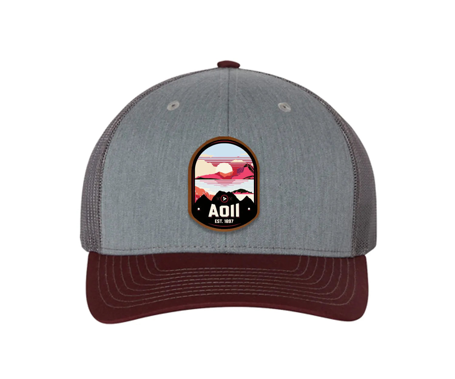 Alpha Omicron Pi Richardson 112 UV Print Leatherette Patch Trucker Hat - Ventura Heather Gray Charcoal Maroon Trucker Hat
