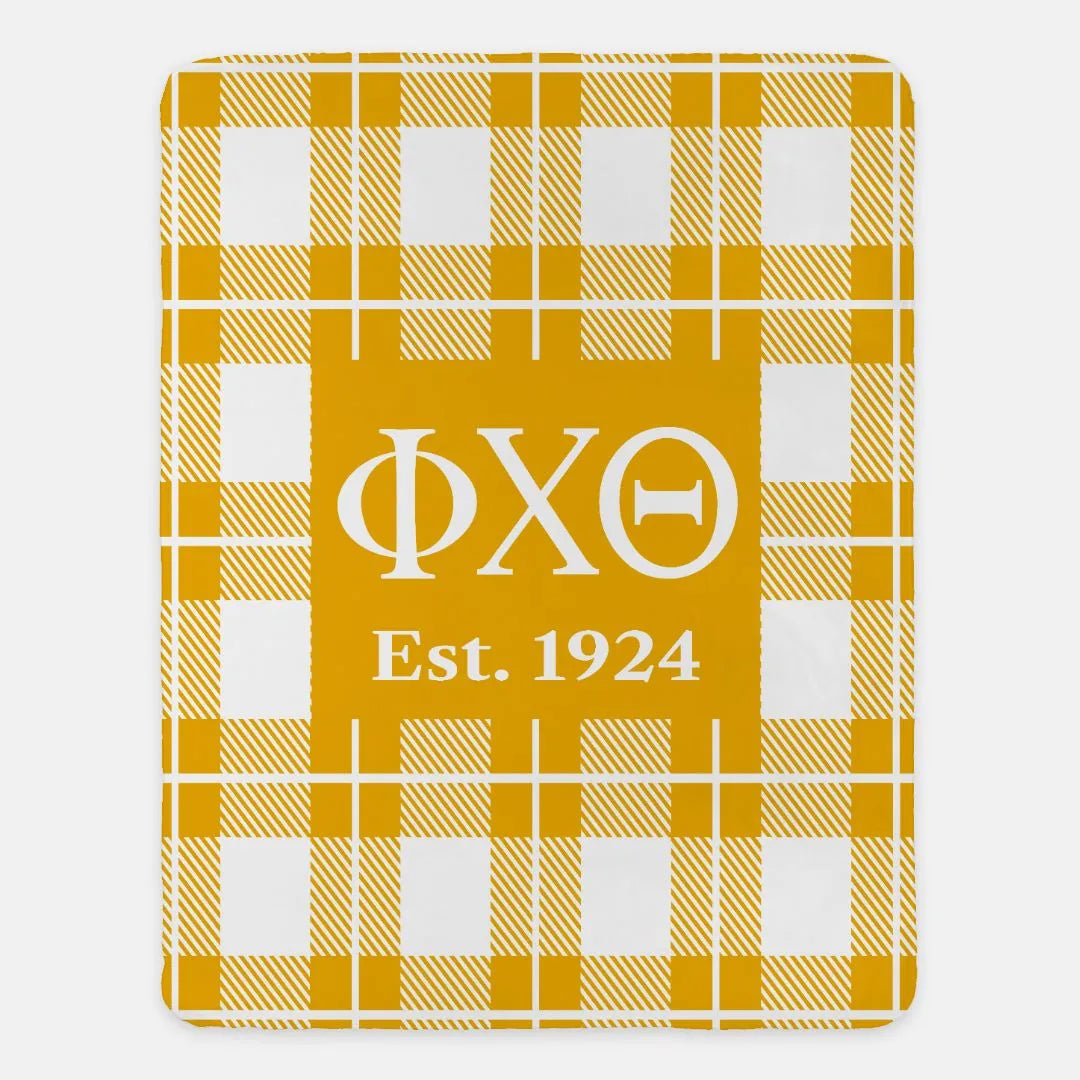 Phi Chi Theta XL 60x80 Sherpa Blanket - Gold Plaid | Dorm Decor Gifts