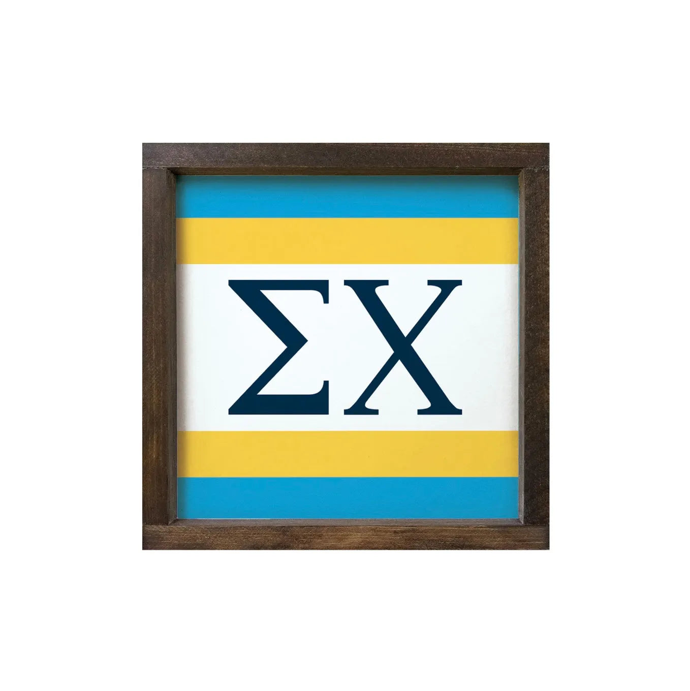 Sigma Chi 12x12 Wood Framed Sign - Stripes Blue Gold Walnut Stain Wall Art & Signs