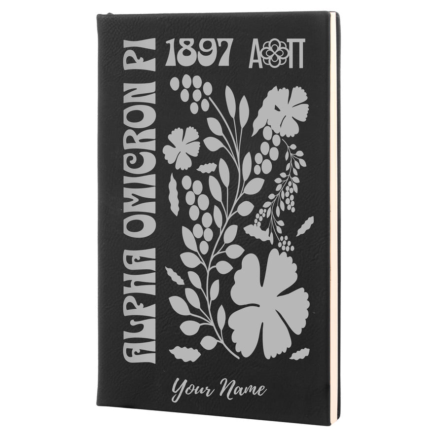 Alpha Omicron Pi Personalized Leatherette Notebook - Retro Floral