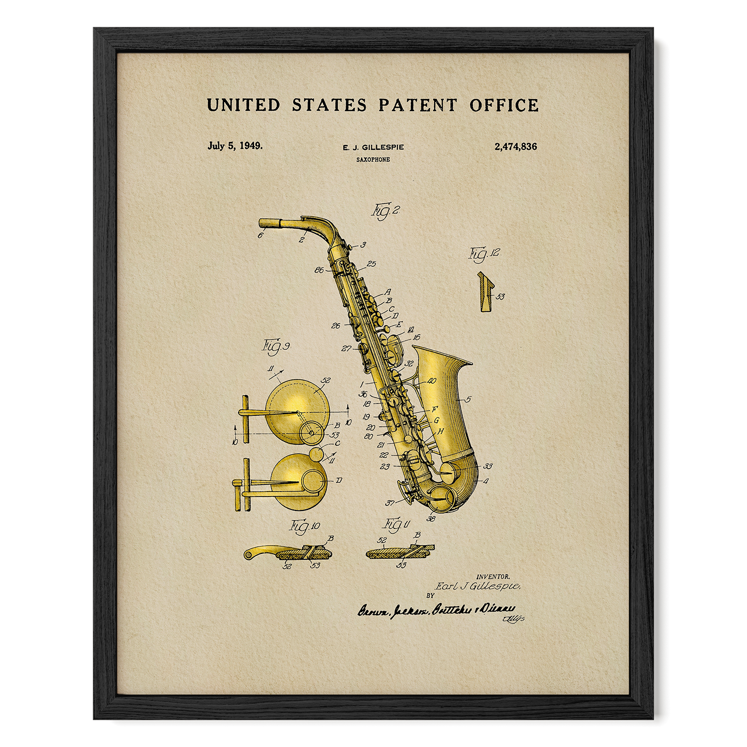 Saxophone US Patent Art Print | Music Themed Dorm Decor
