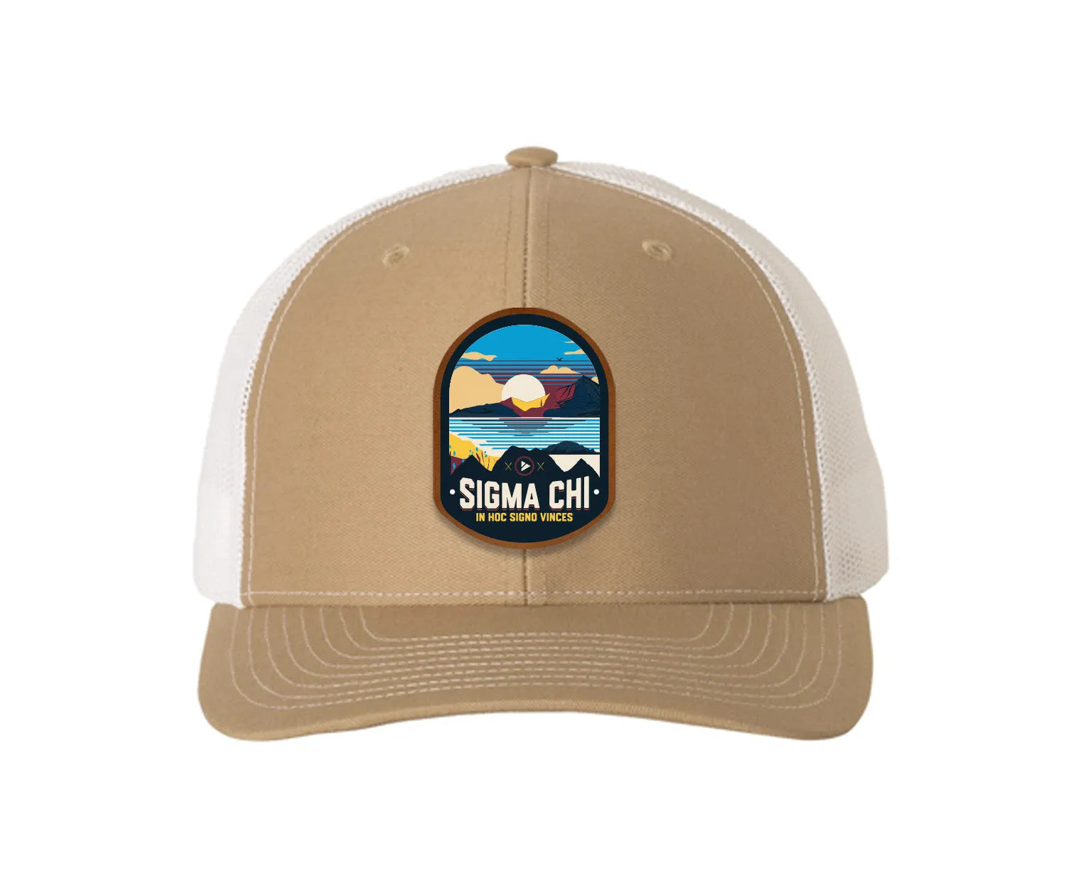 Sigma Chi Richardson 112 UV Print Leatherette Patch Trucker Hat - Ventura Khaki White Trucker Hat