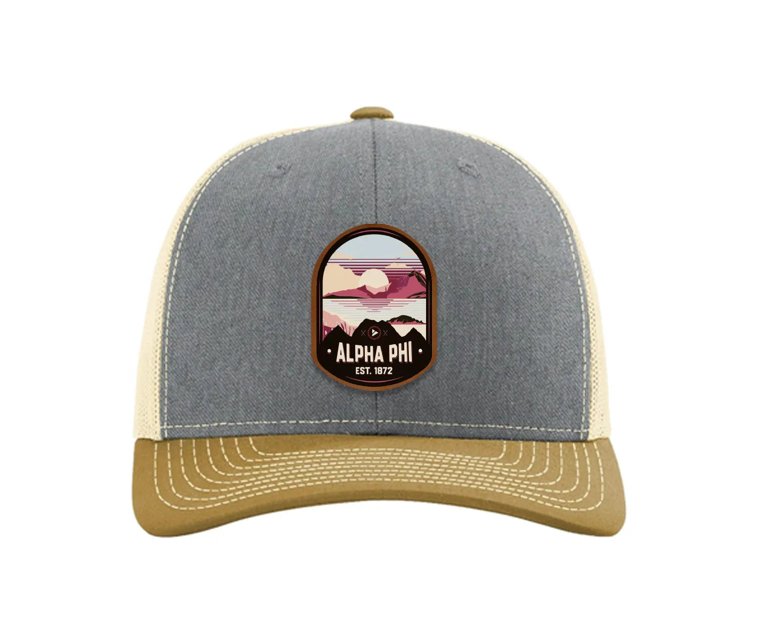 Alpha Phi Richardson 112 UV Print Leatherette Patch Trucker Hat - Ventura Heather Gray Birch Amber Gold Trucker Hat
