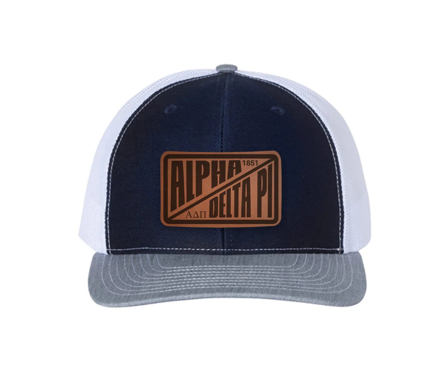 Alpha Delta Pi Richardson 112 Leatherette Patch Trucker Hat - Divide Navy White Heather Gray Trucker Hat