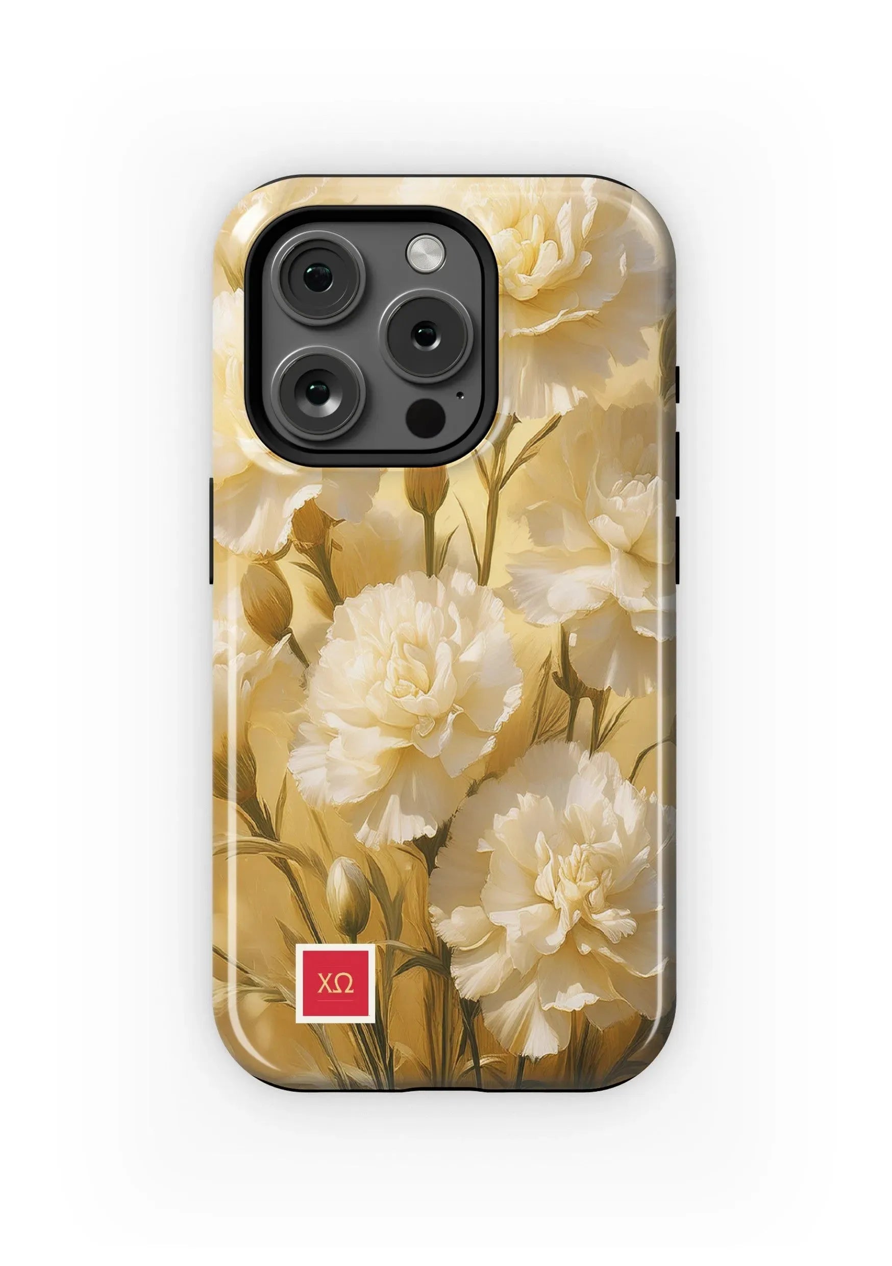 Chi Omega iPhone 16, 15, 14 Mobile Phone Case - Bold White Carnations Gloss Mobile Phone Cases
