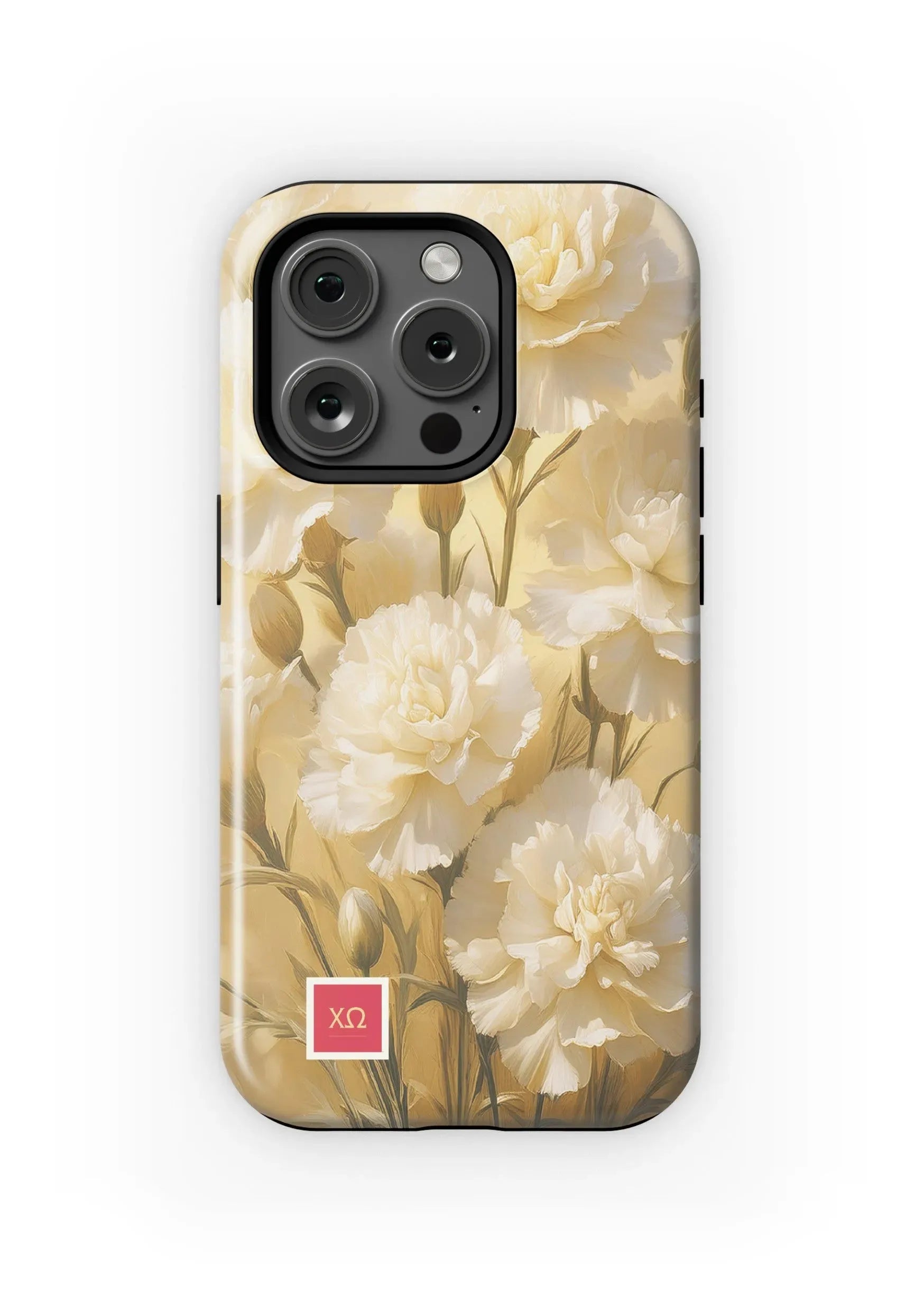 Chi Omega iPhone 16, 15, 14 Mobile Phone Case - Bold White Carnations Matte Mobile Phone Cases