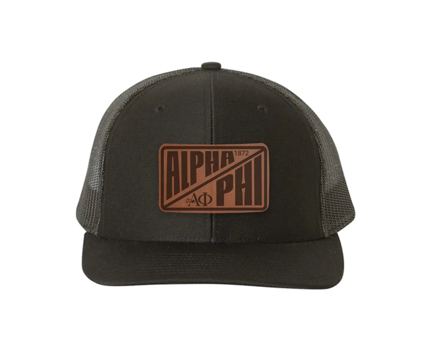 Alpha Phi Richardson 112 Leatherette Patch Trucker Hat - Divide Black Black Trucker Hat