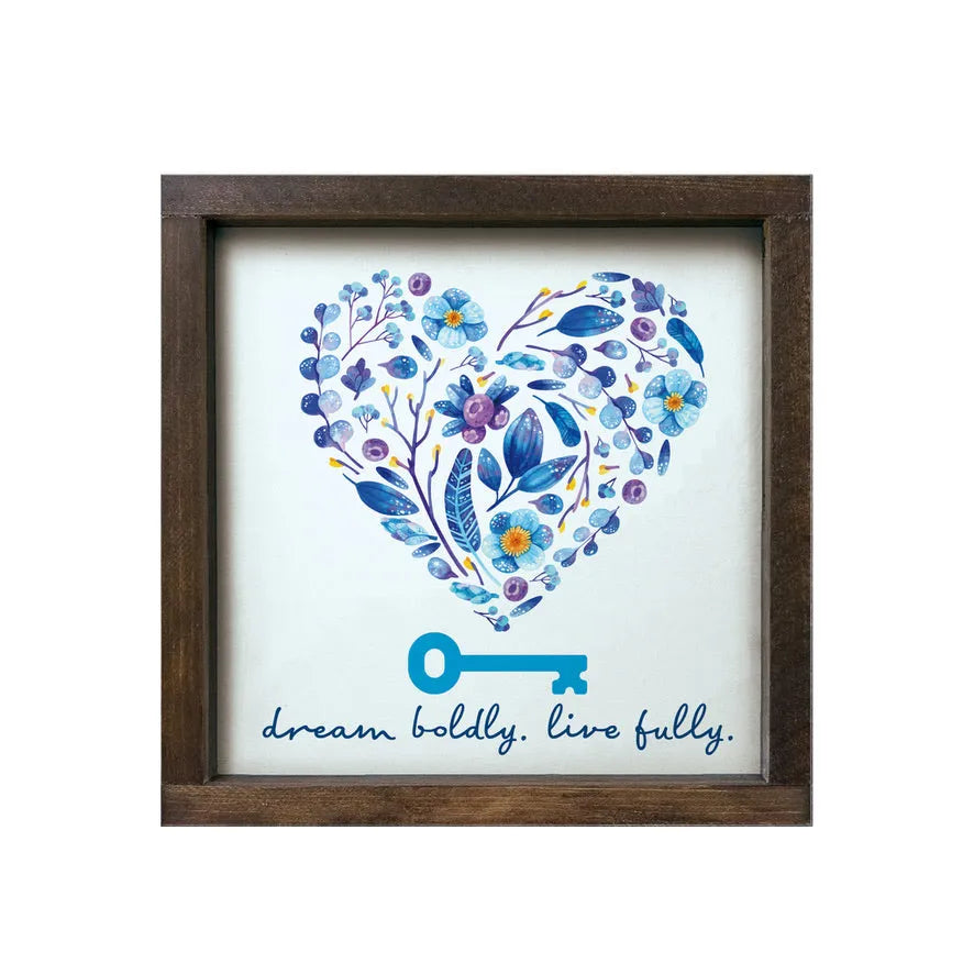 Kappa Kappa Gamma 12x12.Wood Framed Sign - Blue Floral Heart Walnut Stain Wall Art & Signs