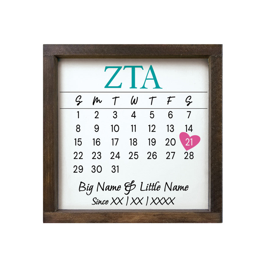 Zeta Tau Alpha Personalized Big Little Calendar Framed Sign - 12x12
