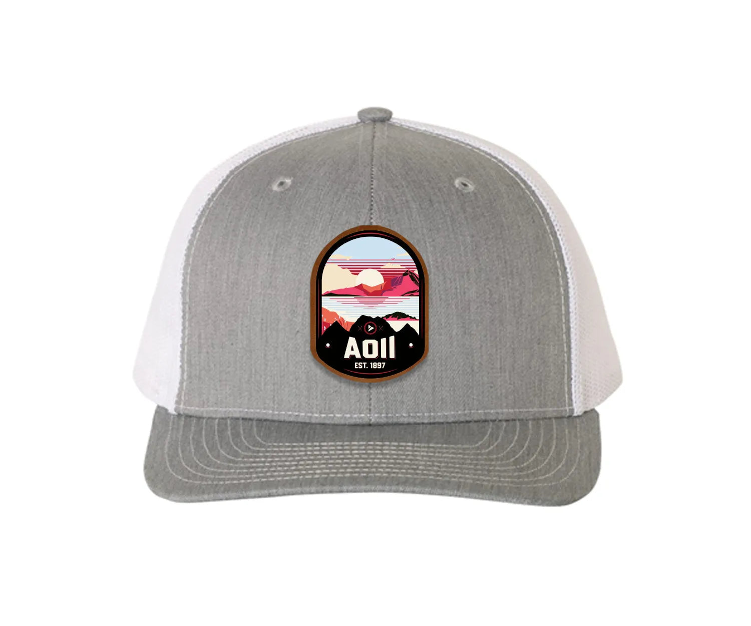 Alpha Omicron Pi Richardson 112 UV Print Leatherette Patch Trucker Hat - Ventura Heather Gray White Trucker Hat