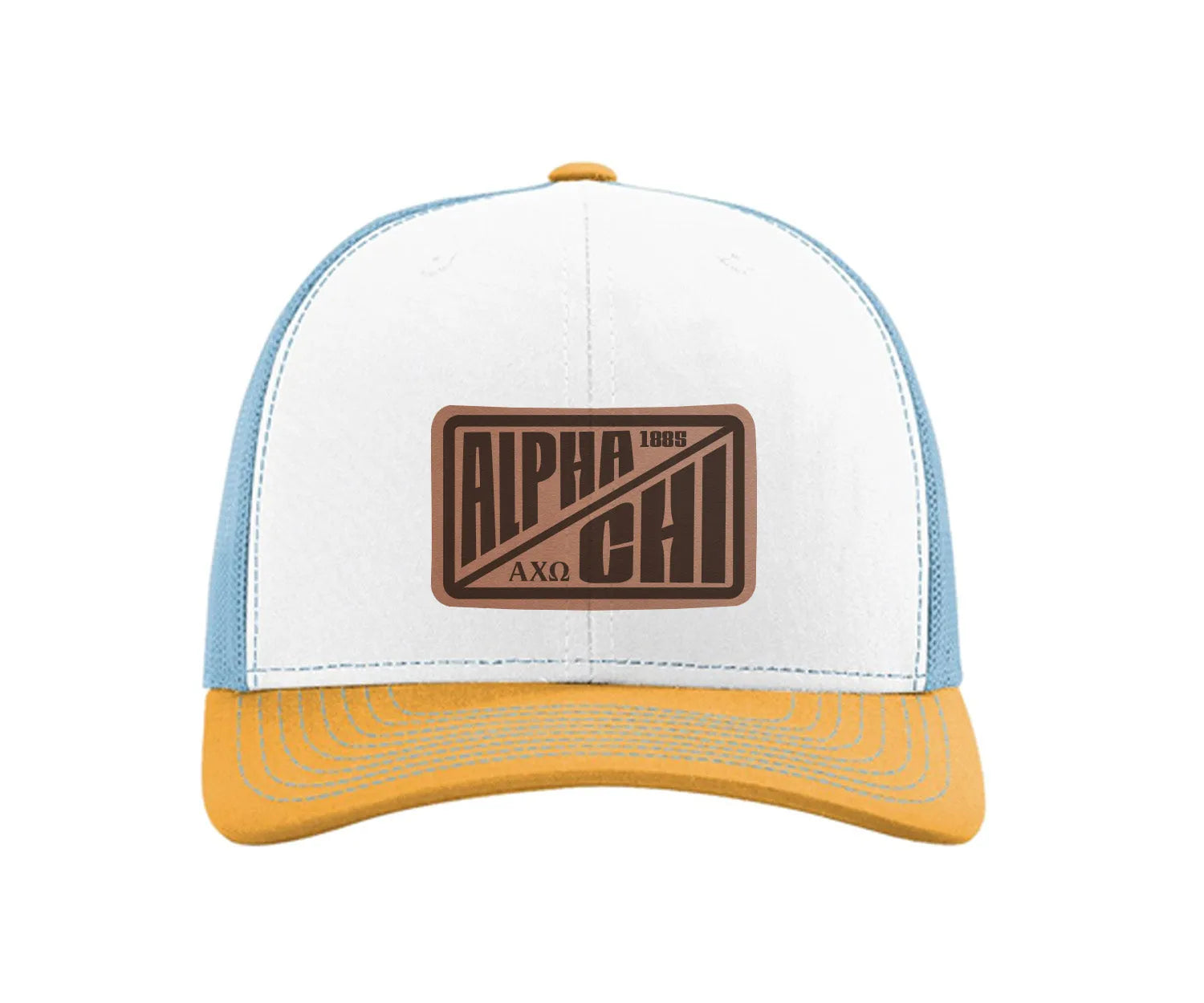 Alpha Chi Omega Richardson 112 Leatherette Patch Trucker Hat - Divide White Blue Yellow Trucker Hat
