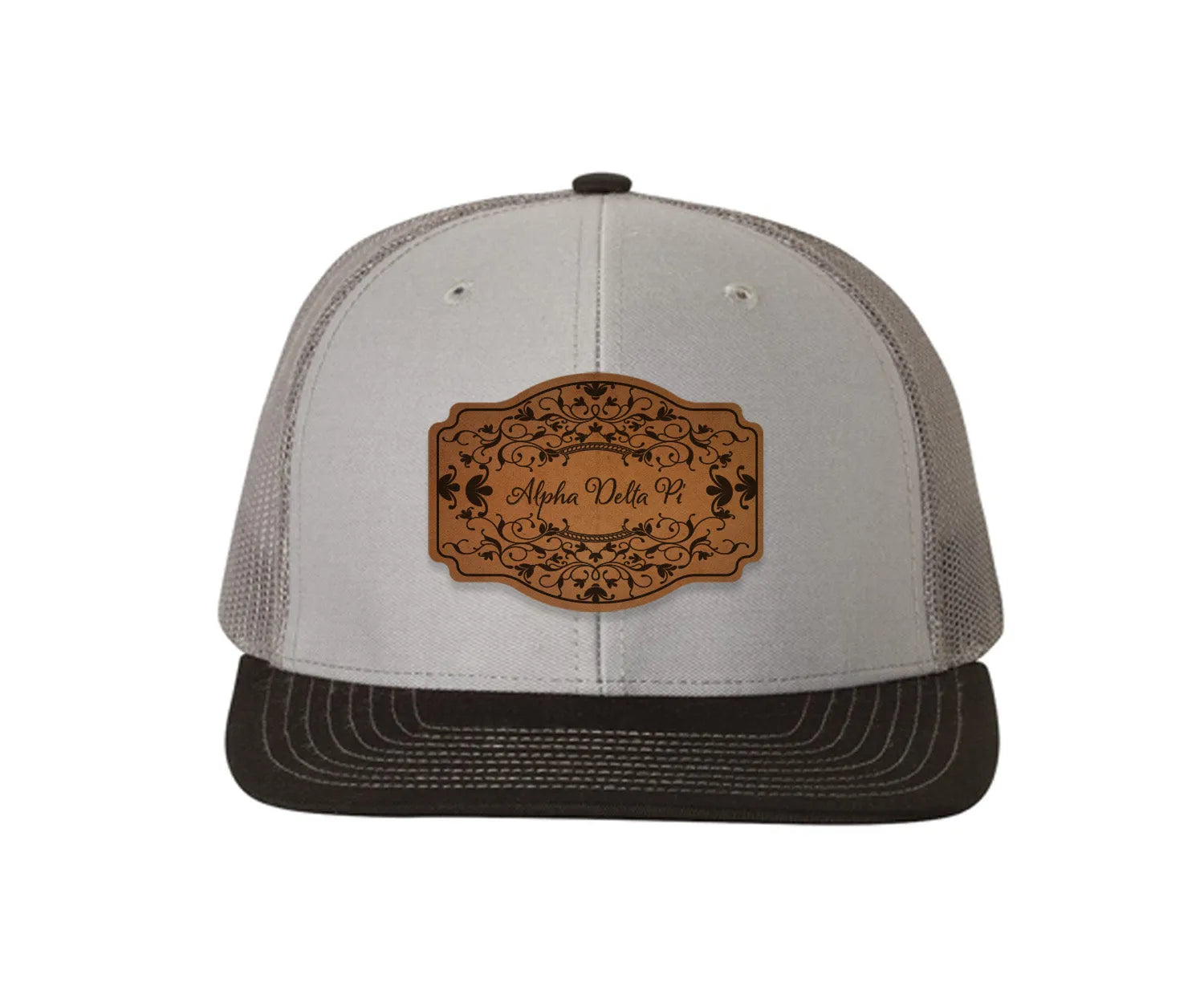 Alpha Delta Pi Richardson 112 Leatherette Patch Trucker Hat - Scroll Gray Charcoal Black Trucker Hat